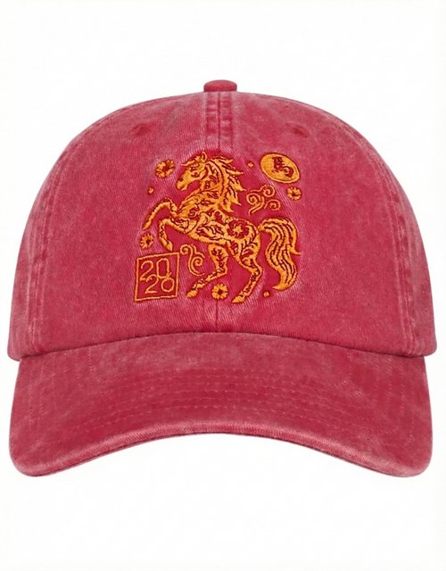 InnoBeta Chinese New Year 2026 Gifts Cap - Year of The Horse - Adjustable Vintage Washed Cotton Embroidered Hat - Deco for Lunar New Year - Red