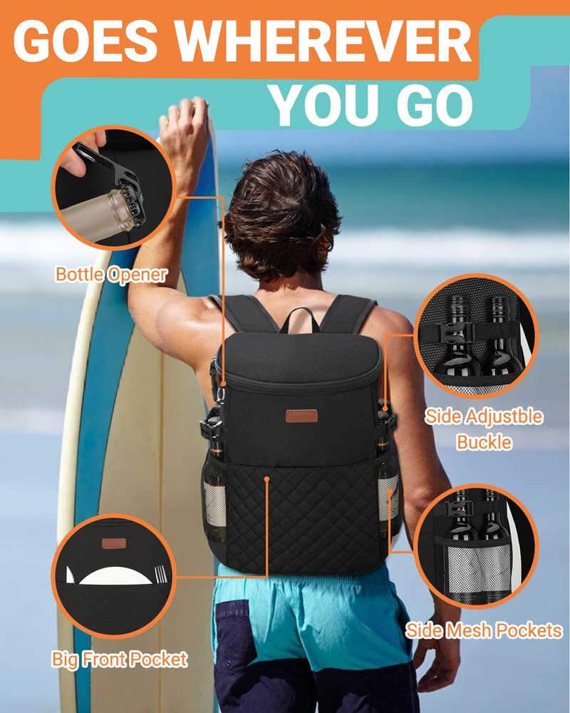 Tuwubi Soft Cooler Backpack 30 Cans/45 Cans, Backpack Coolers Insulated Leak Proof Thermal Lunch Backpack for Men Work Small Cooler Bag Beach Travel Picnic Drink Beverage Beer(30 Cans, Black)