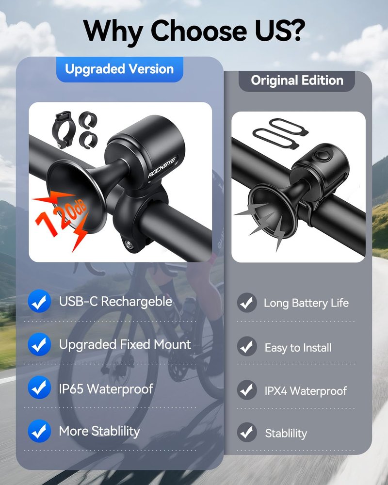 POWVINE Electric Bike Horn 120dB Loud Bike Horn for 22.2-25.5mm Round Handlebars, USB Rechargeable Bicycle Horn, IP65 Waterproof, Easy Install for Mountain Bike/E-Bike/Scooter/Adults