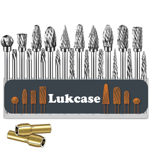 20 Pcs Double Cut Carbide Rotary Burr Set 1/8" Shank Compatible with Dremel for Metal Glass Woodworking, Drilling, Carving, Engraving, Polishing Cutting with 2 Collets