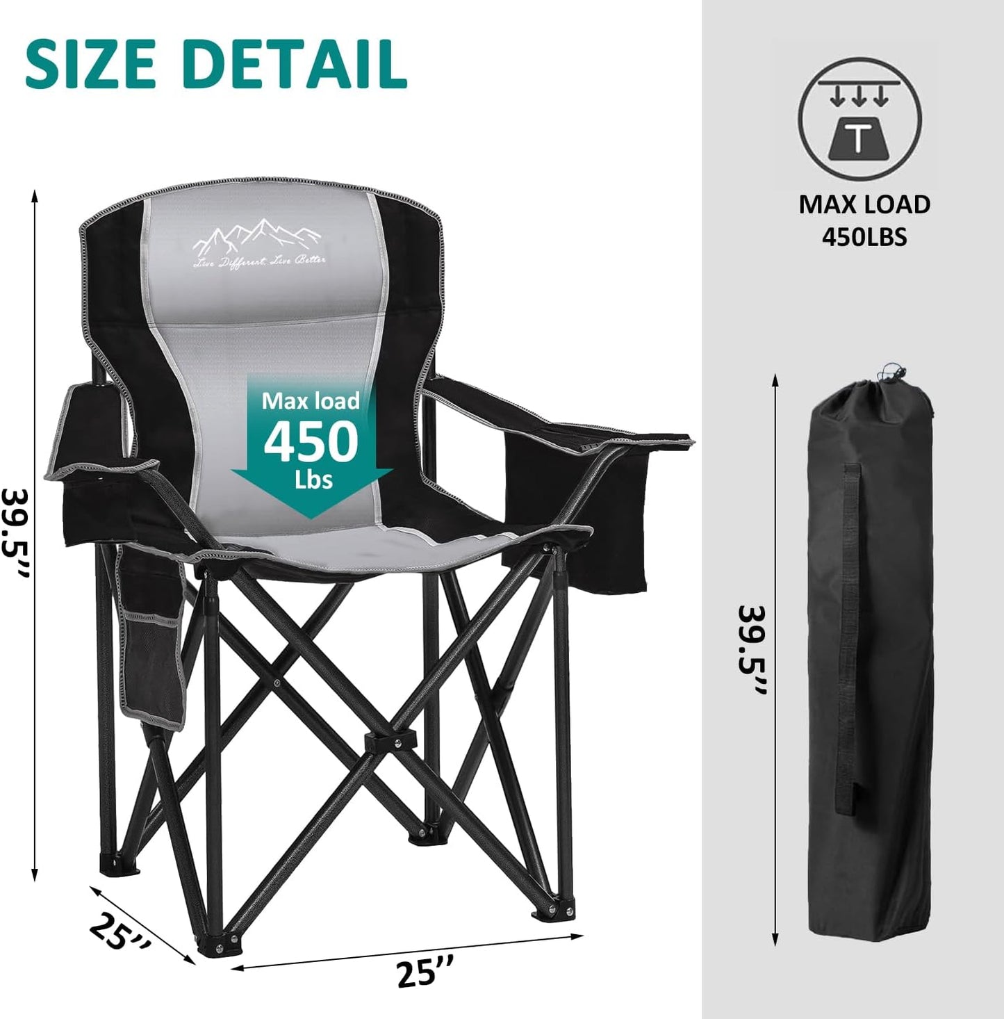Skiennix Folding Camping Chairs - Heavy Duty Portable Lawn Chairs with Cooler Bag & Cup Holder | Supports 450lbs, Black - 2PCS Set