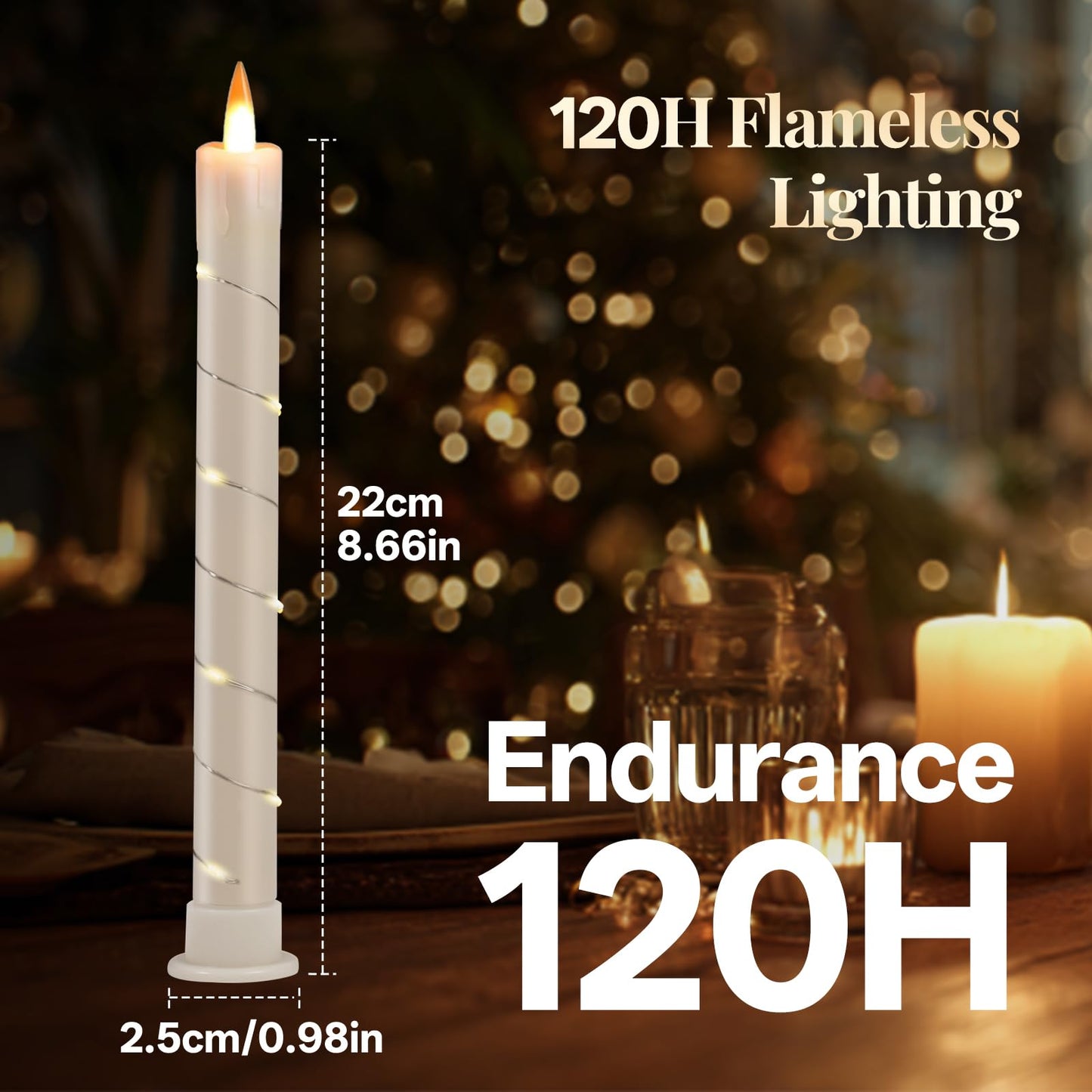 Rlojru 3pcs Flameless Taper Candle with Remote, Battery Powered, Timer, 3 Ivory ABS Candlesticks, 11 Mini Surround String Lights, 9.4 Inch LED Candles, Halloween Christmas Home Decor