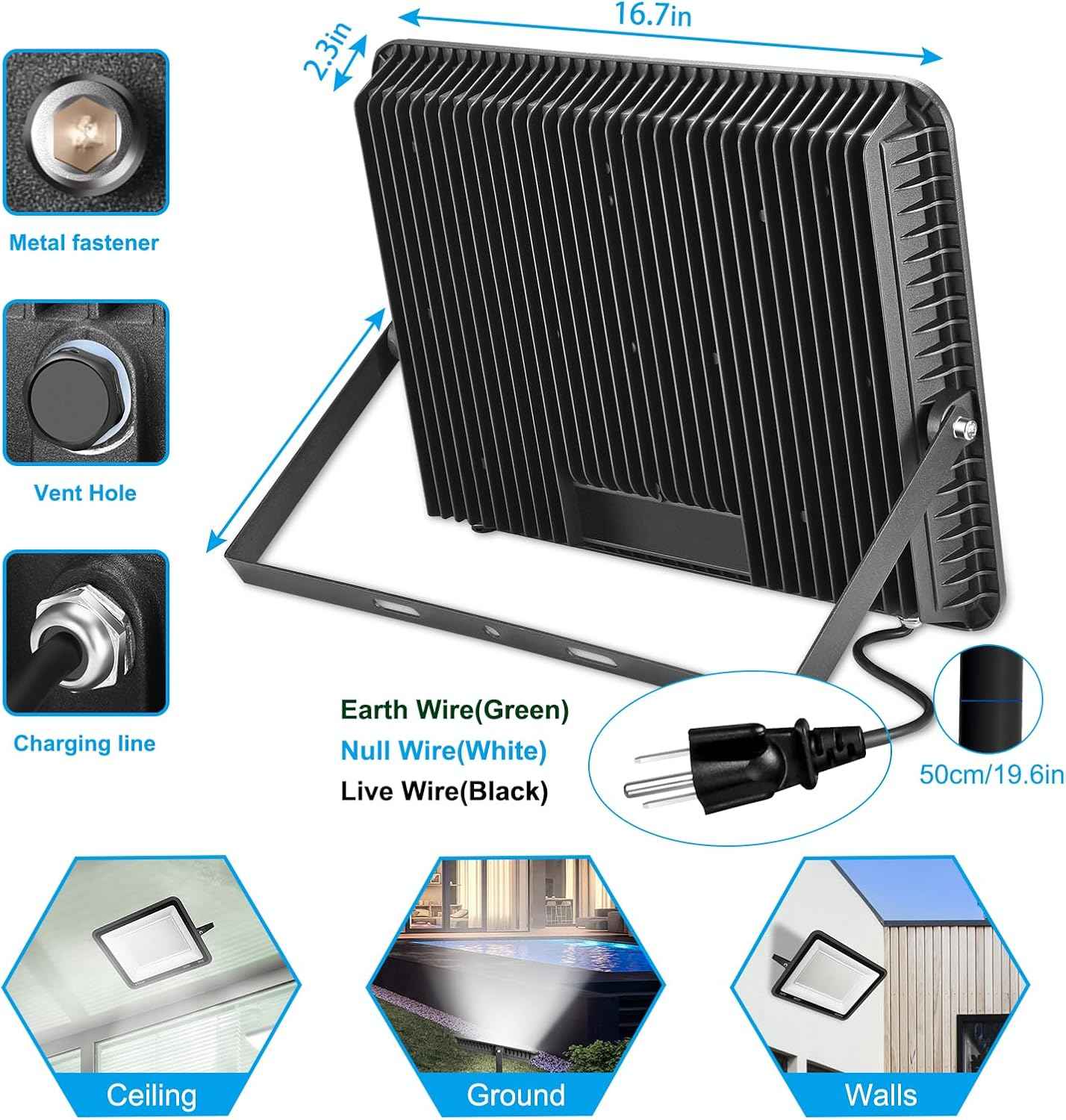 300W LED Flood Light - 2000W Equivalent, 5000K Daylight, 43500LM Waterproof Commercial Lighting for Sports Fields & Stadiums