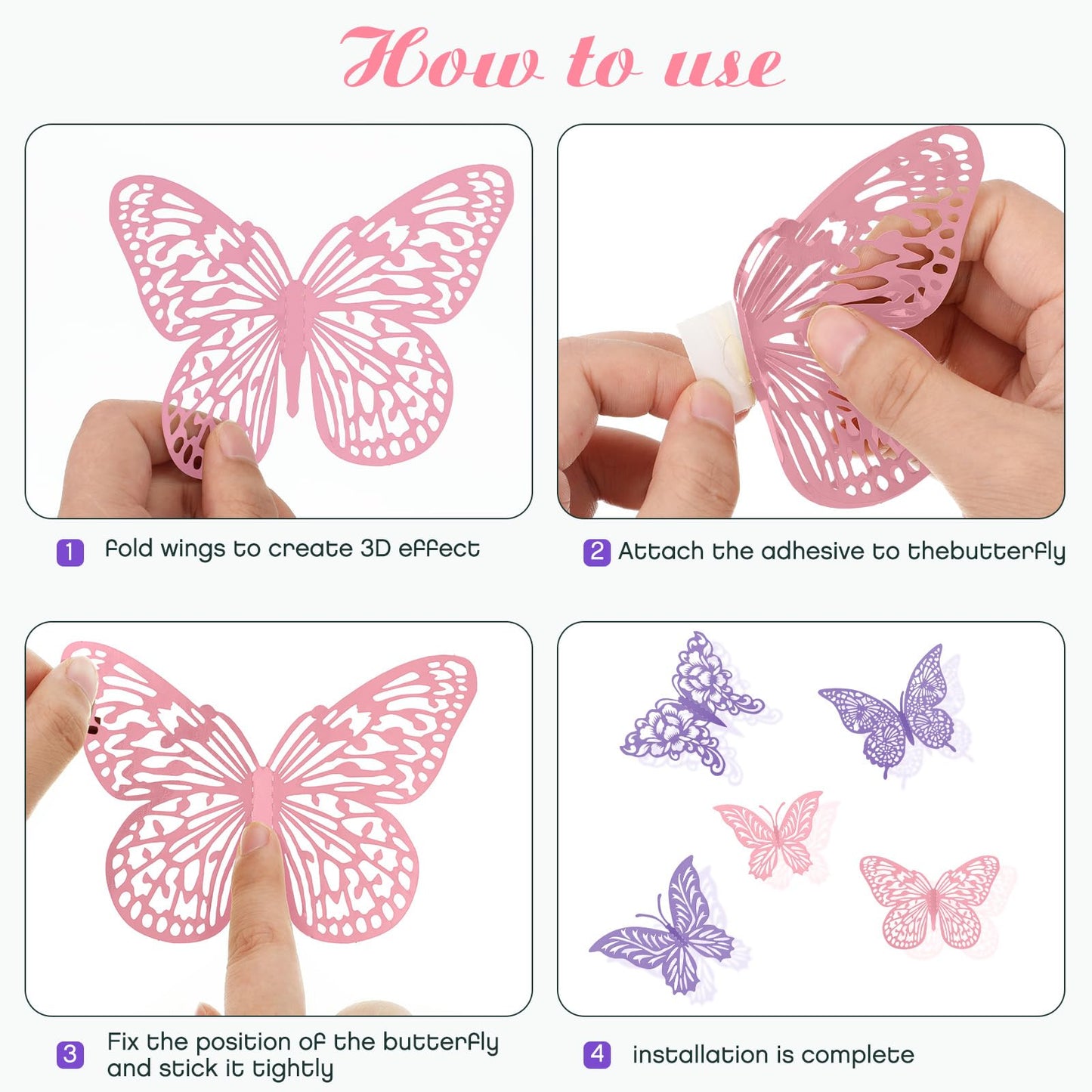 3D Gold Butterfly Wall Decor 3 Sizes 4 Styles Butterfly Party Decorations Cake Decorations Removable Stickers Wall Decor Room Mural Metallic Kids (Purple+Pink, 96Pcs)
