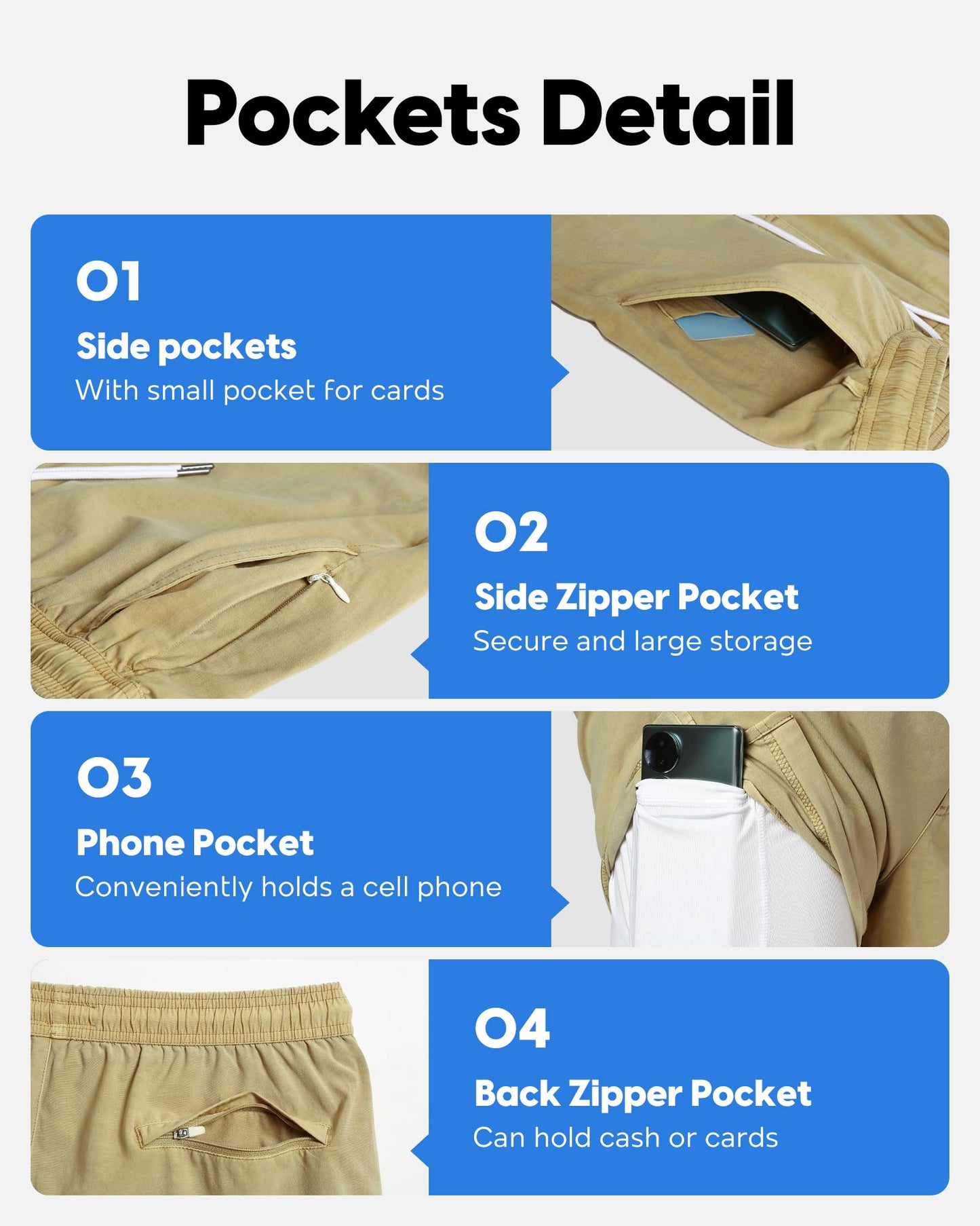 maamgic Men's Swim Trunks with Compression Liner 5.5 inch Beach Shorts Quick Dry Bathing Suits with Zipper Pocket Khaki Medium