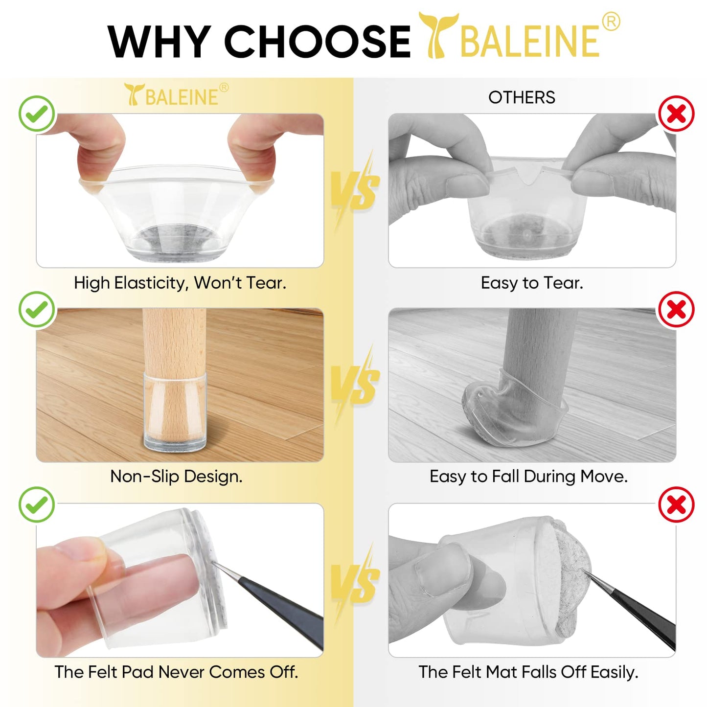 BALEINE 16 Pack Silicone Chair Leg Floor Protectors, Stool Leg Protectors Cap, Non-Slip Chair Leg Caps for Hardwood Floors (Clear, X-Large, 16 Pack)