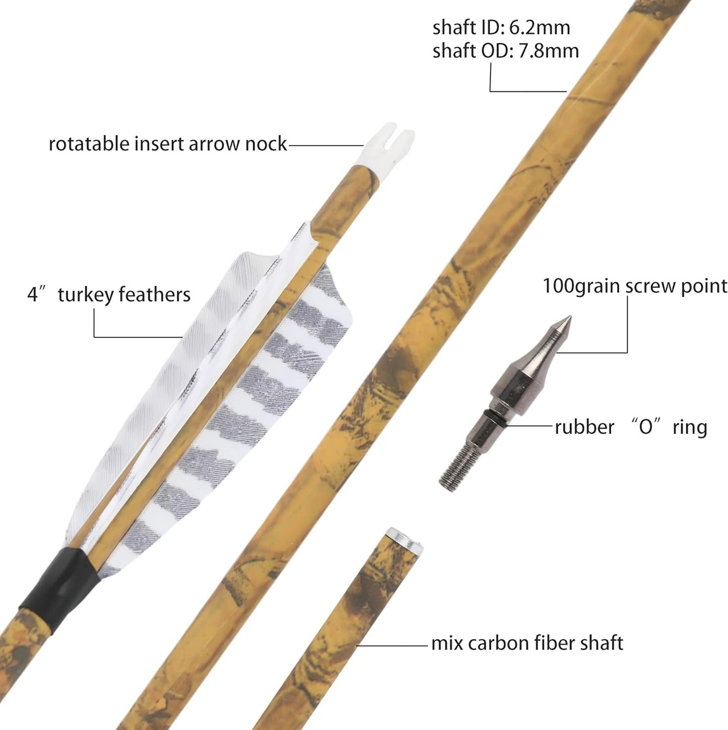 ZSHJGJR Carbon Hunting Arrows - 30” with 4” Turkey Feathers & Removable Tips | 500 Spine for All Bows (6/12 Pcs)