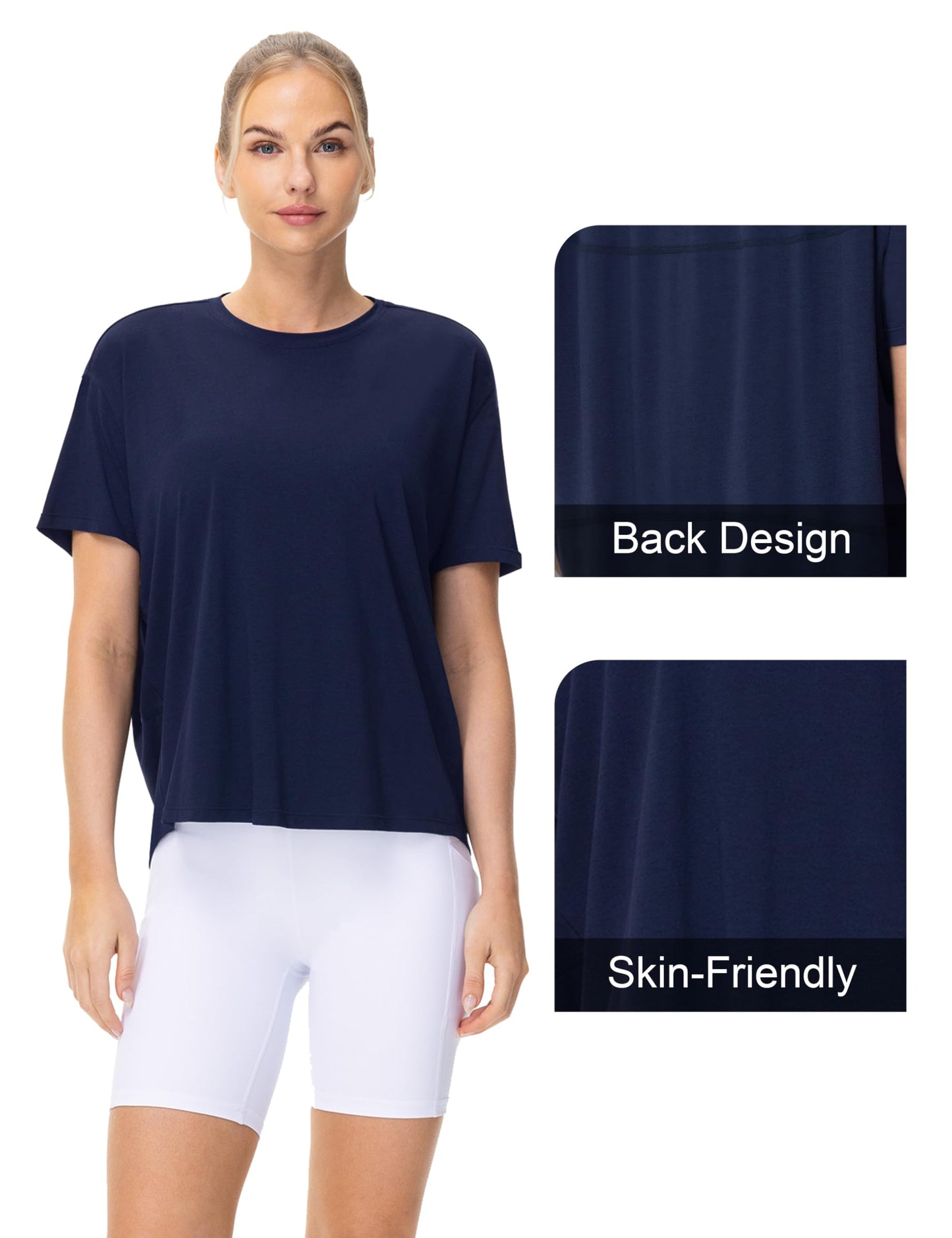THE GYM PEOPLE Women's Short Sleeve Workout T-Shirts Back Loose Fit Running Yoga Tee Tops Navy Blue