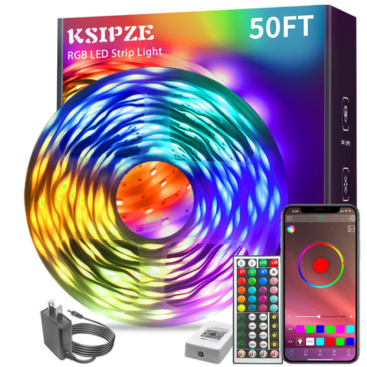 KSIPZE Led Strip Lights RGB Music Sync Color Changing Bluetooth Led Lights with Smart App Control Led Lights for Bedroom Room Lighting Flexible Home Décor (Plug in LED Strip Lights, 50ft)