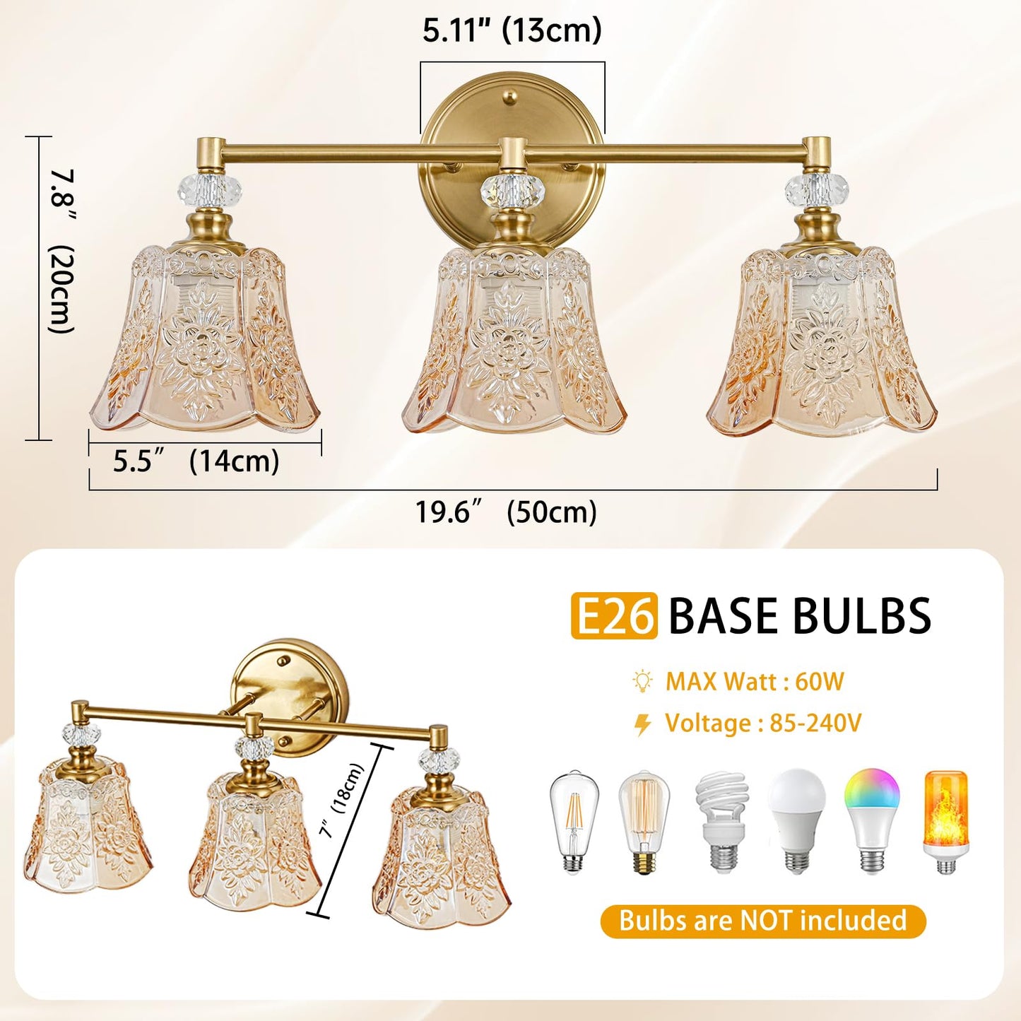 sunkryster Gold Vintage Bathroom Vanity Light Fixture, 3-Light Bathroom Lighting Gold Finish with Amber Glass Shade, Retro ‎Brushed Gold Vanity Light for Bathroom