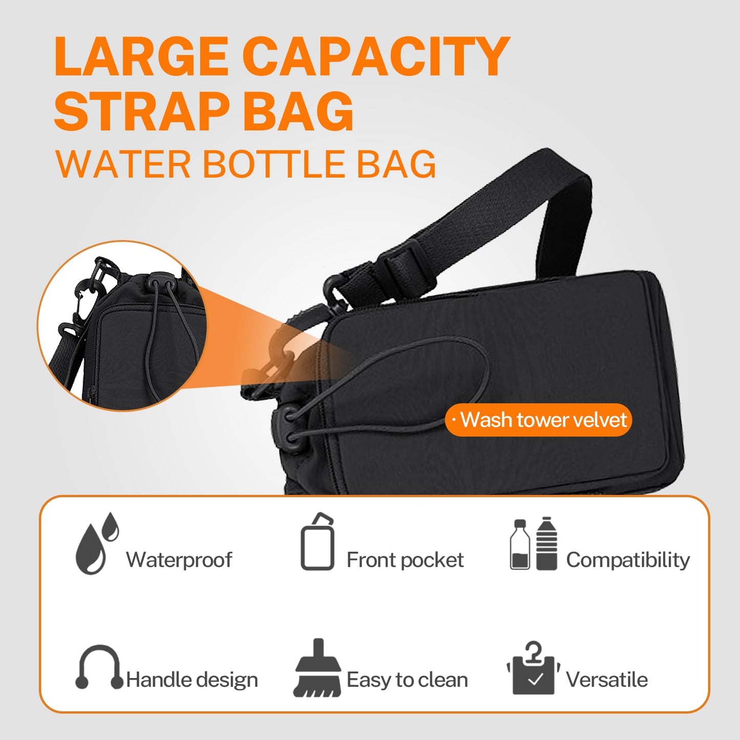 Water Bottle Holder with Phone Pocket for 40/32 oz,Water Bottle Holder with Adjustable Shoulder Strap and Charm,Water Bottle Sleeve for Walking Hiking Camping Gym. (Black)