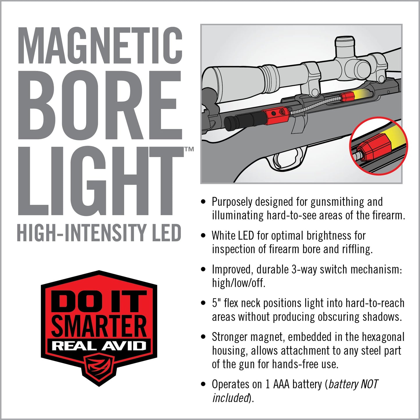 Real Avid Bore Light, Magnetic, High Intensity LED Bore Illuminator with 5” Flexible Neck for Hands Free Operation and Illuminating Hard to See Areas, New and Improved