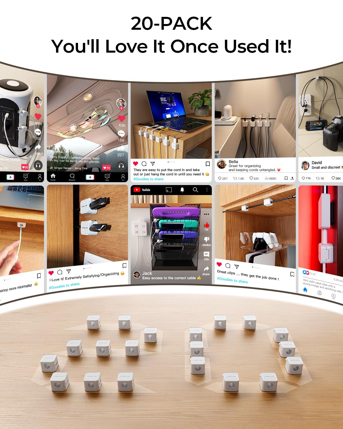 MRGLAS 20-Pack Magnetic Cable Management Cord Organizer,[1s Lock] Cable Holder Clips -Desk Cable Clips [Cable Smooth Adjustable], Adhesive Wire Organizer Keeper for Nightstand Desktop Wall Car Office