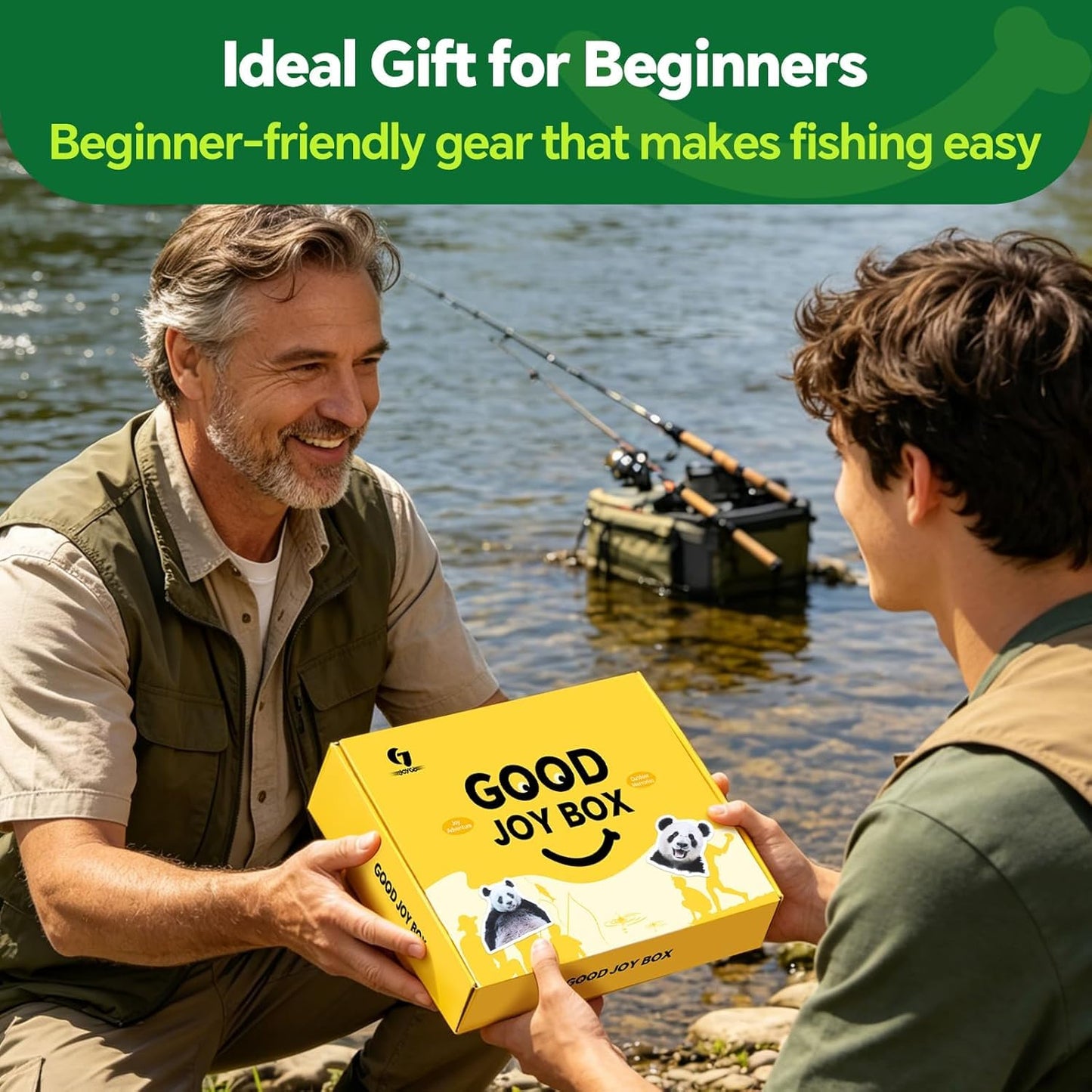 Good Joy Gift Box Fishing Kit for Kids/Beginners Age 8-14, Ready-to-Fish Gift Box with Fishing Lures, Line, Safety Whistle & Outdoor Adventure Accessories for Pond Lake Fishing