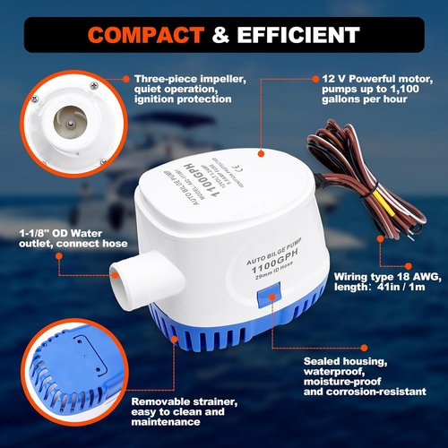 **1100 GPH Automatic Boat Bilge Pump - 12V Plumbing Kit with Hose & Fittings for Fishing & Yachts**