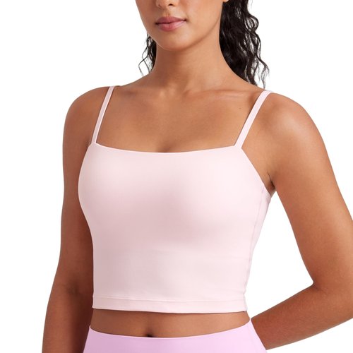 CRZ YOGA Butterluxe Cami Crop Tank Tops for Women - Square Neck Adjustable Padded Longline Sports Bras Workout Camisole Strawberry Pink Small