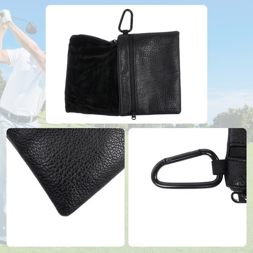 Klmnop Golf Ball Bag, Leather Golf Tee Bag Pouch with Zipper, Black Golf Valuables Pouch for Golf Balls, Tees, Gloves(Black)