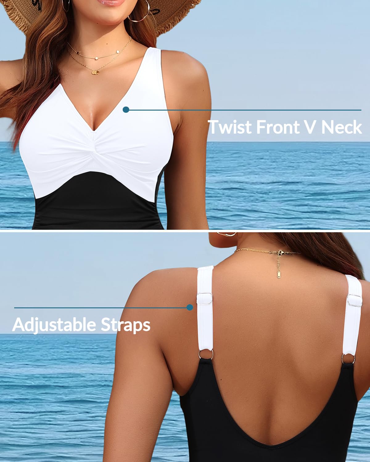 Holipick Black and White Women Tummy Control One Piece Swimsuit - Push Up Bathing Suit Full Coverage Slimming Swimwear S