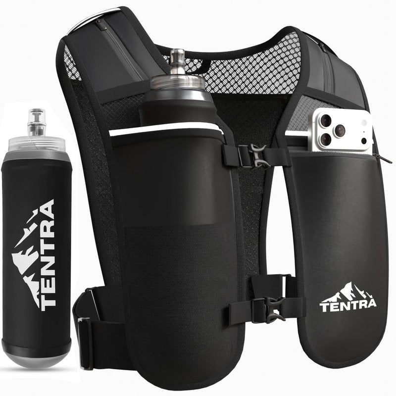 TENTRA Running Vest with 500ml Soft Flask, 8 Pocket Hydration Vest for Women Men – Lightweight Reflective Running Vest with Waterproof Phone Pouch