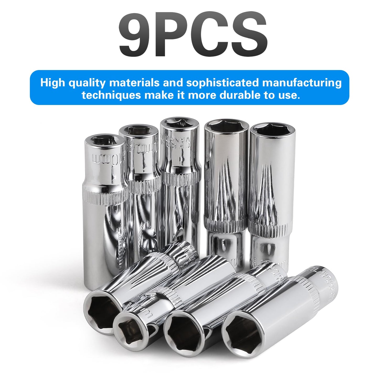 9-Piece 10mm Deep Sockets, 1/4-Inch Drive, 6-Point, Corrosion Resistance, Compatible with Standard Ratchet Wrenches and Tools