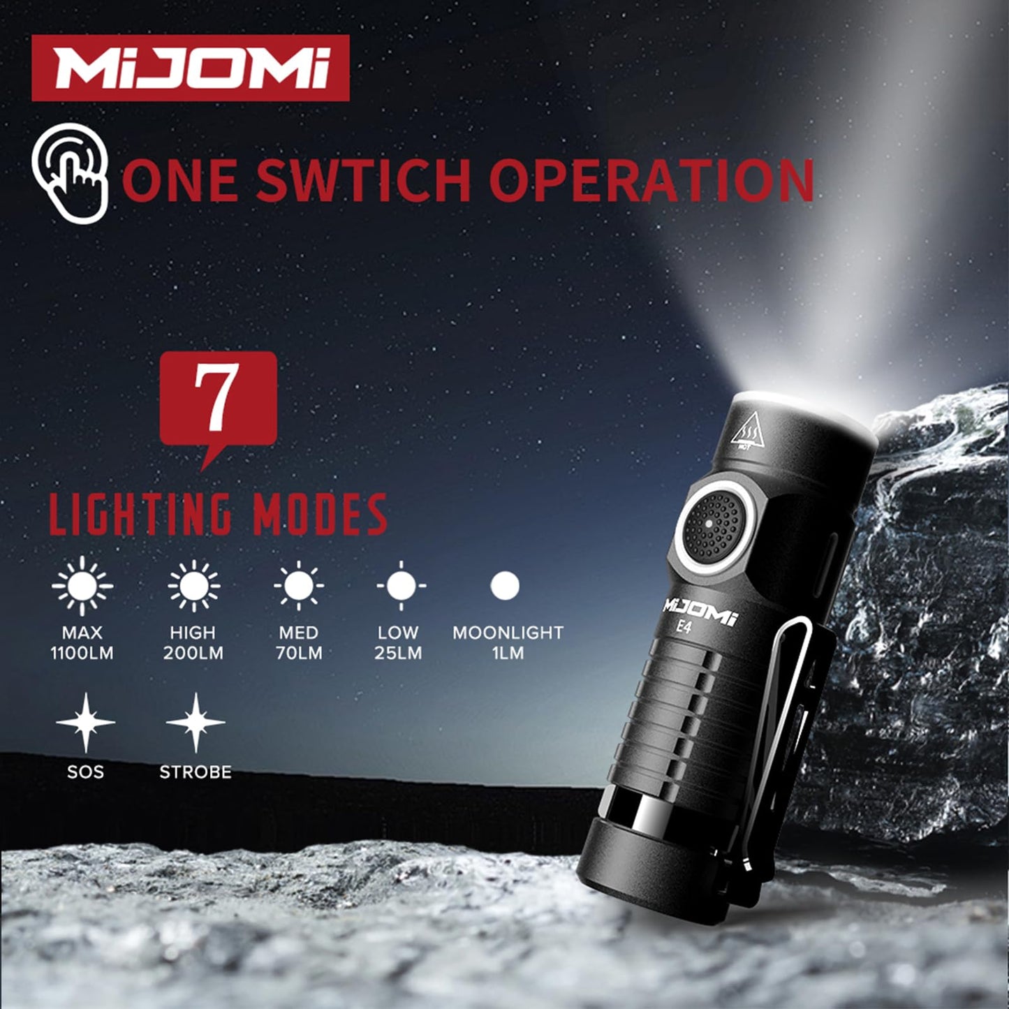 MIJOMI Mini EDC Flashlight with Magnet, Compact Rechargeable Pocket Light 1100 High Lumens Travel Flashlight Rechargeable, E4 Small Flashlight with Clip for Outdoor, Hiking, Walking