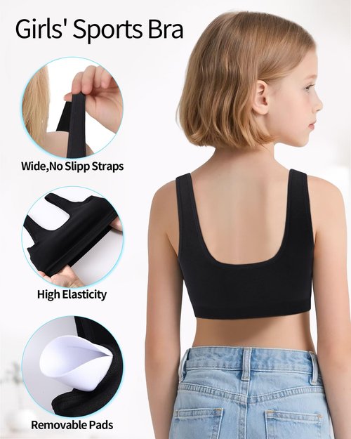 iMucci Sports Bra for Girls U-Shaped Training Bra with Removable Pads Scoop Neck for Teens Kids Yoga Sports Dance Bra Black