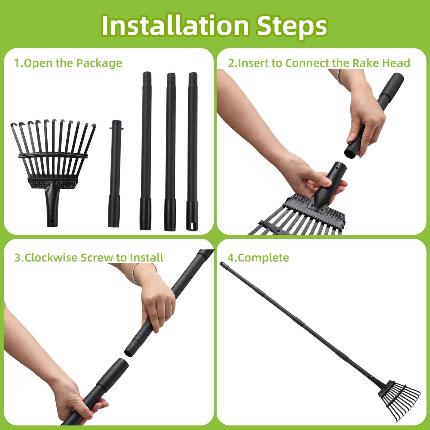 Small Rake for Gardening 63 Inch Adjustable Heavy Duty Garden Leaf Rakes Garden Tools 11 Metal Tines Small Garden Rake for Shrub Flower Bed Mulch Camping, Black