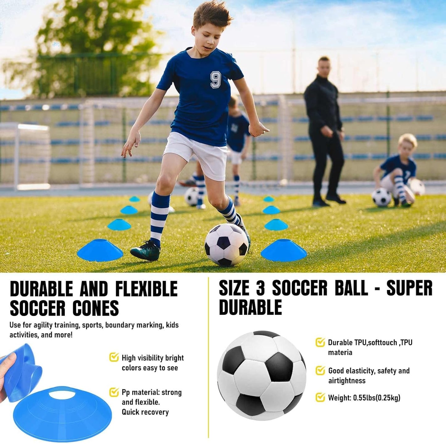 Soccer Goal | Skiennix Kids Soccer Goals Set - 2 Pack Portable Pop-Up Nets with Ball & Cones for Youth Training