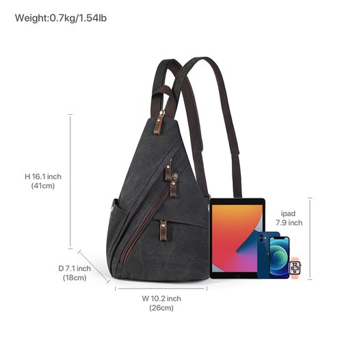 BRASS TACKS Leathercraft Vintage Canvas Sling Bag for Men and Women, 3-in-1 Convertible Crossbody Backpack Chest Bag with Genuine Leather Zipper, Large Capacity Travel Daypack (Gray)
