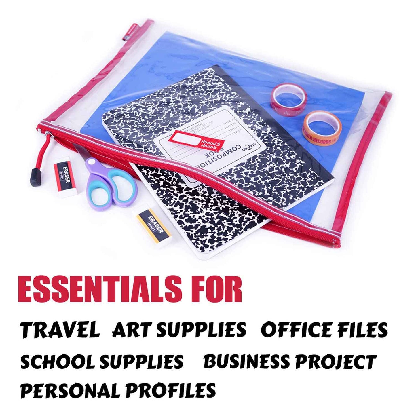 Rough Enough Plastic File Folder Clear Document Holder Bag Zipper Pouches Bags for Organizing A4 Paper Letter Office Teacher Art Supplies Storage