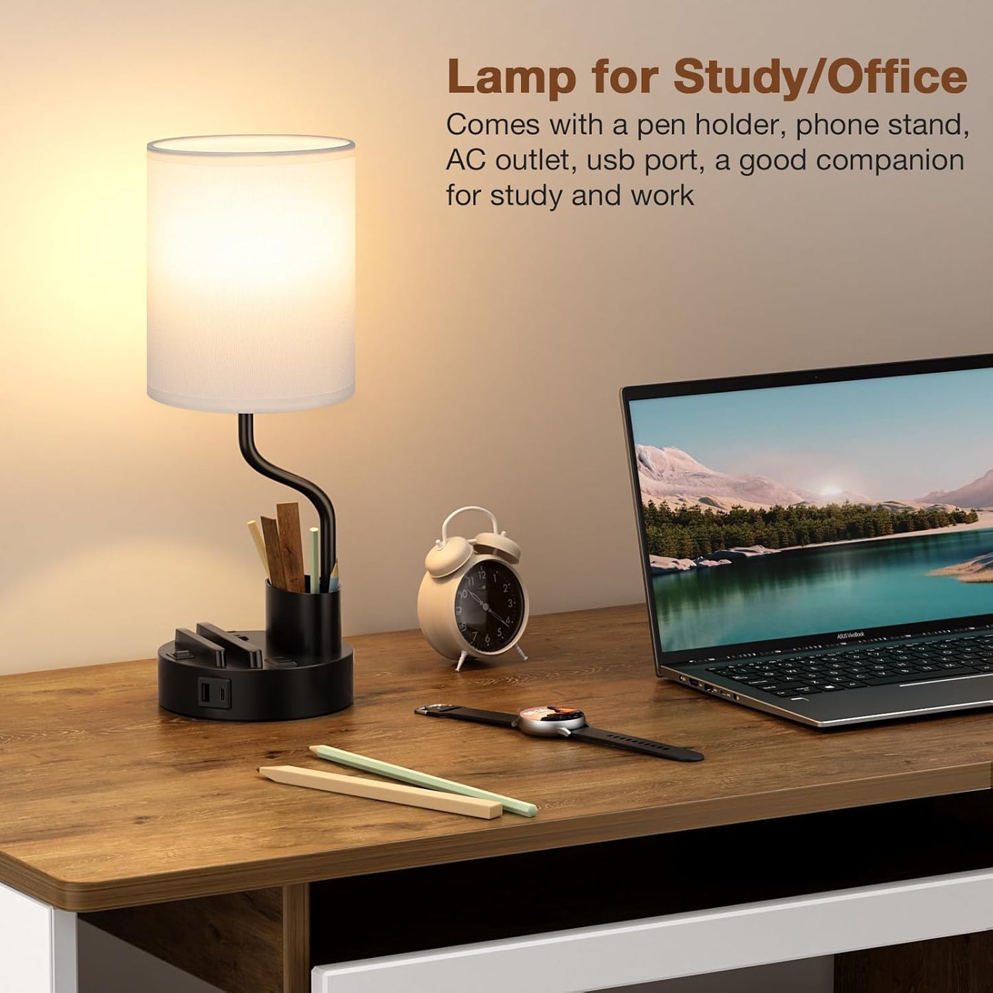Set of 2 Bedside Table Lamps with USB & AC Outlet - 3 Color Temperatures, Desk Light & Phone Stand for Bedroom, Living Room, Office
