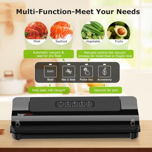 Bonsenkitchen Vacuum Sealer - Multi-Functional Food Preservation System with 5 Bags | Compact Design, Black