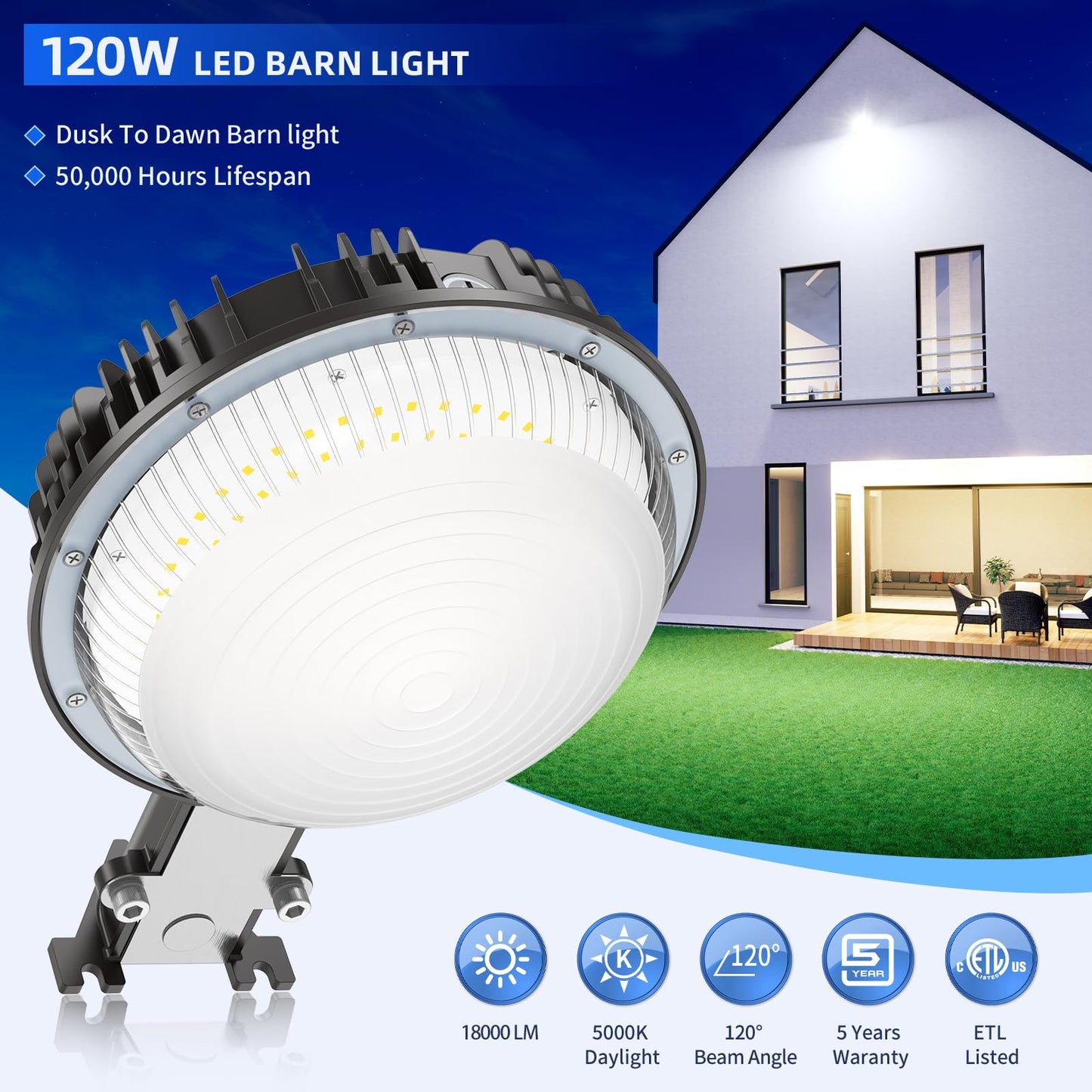 NUOGUAN 120W LED Barn Light 18000LM with Dusk to Dawn Photocell, ETL Listed, 5000K Daylight Yard Area Light, IP65 Waterproof Security Area Light for Farmhouse/Garage/Yard, AC100-277V