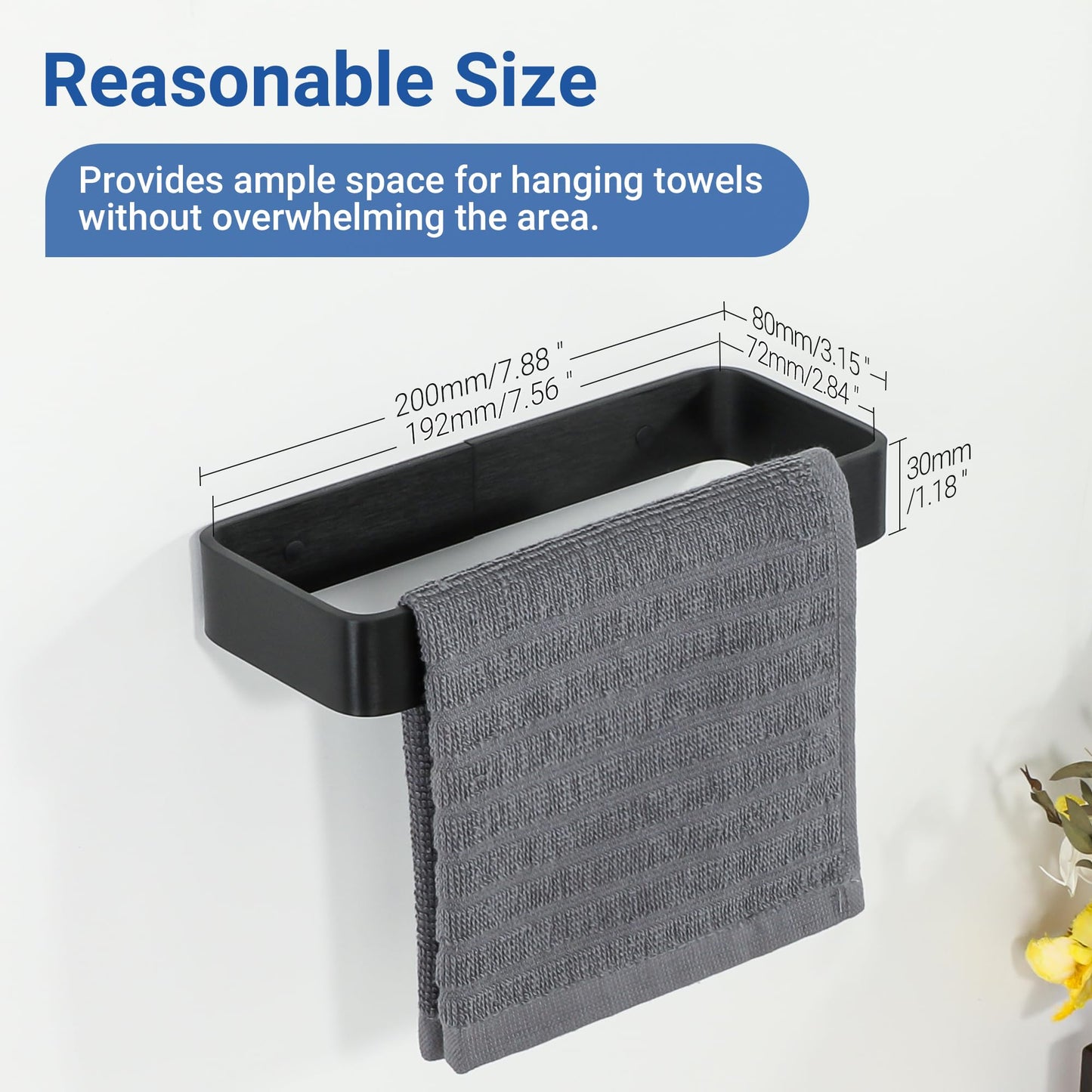 SAYAYO Matte Black Hand Towel Holder for Bathroom Wall, 8 Inch Self Adhesive Towel Bar Hand Towel Rack Square Heavy Duty