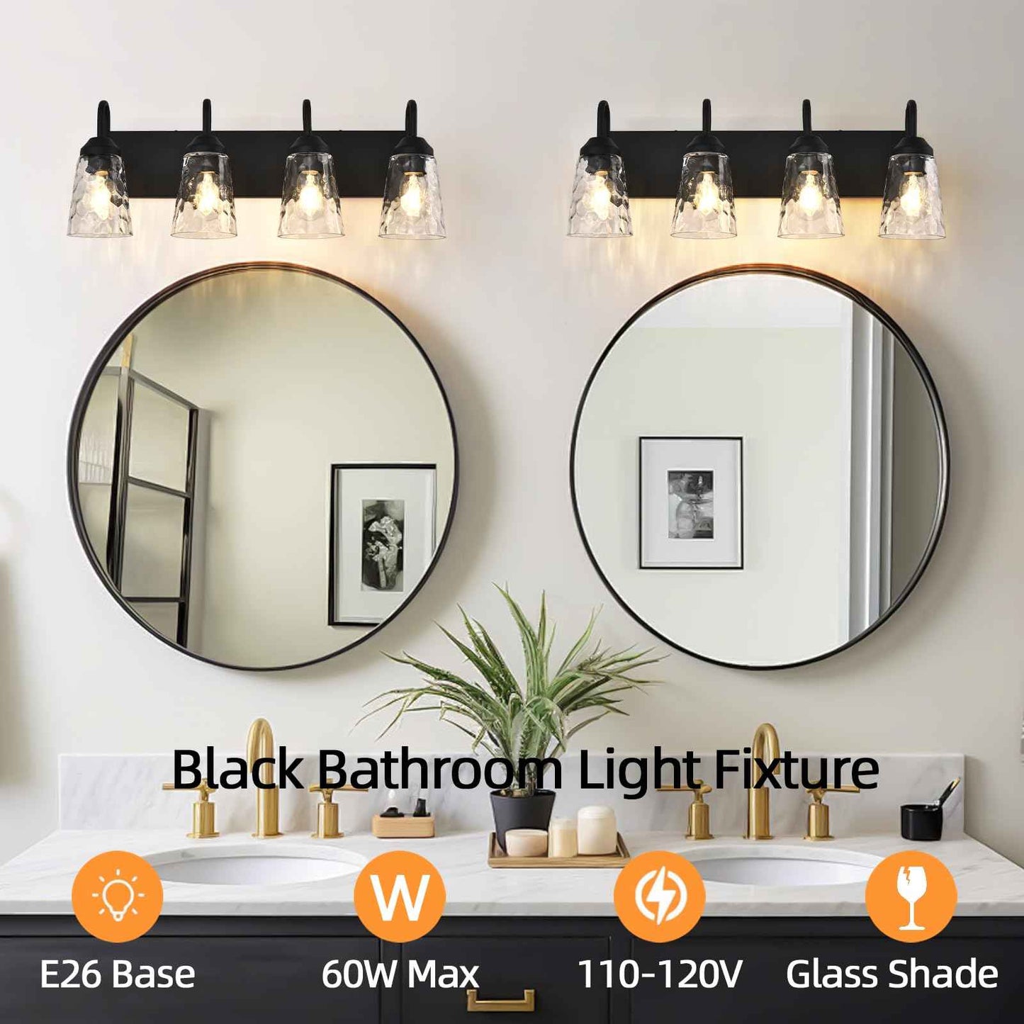 NOVCAND 4-Light Bathroom Light Fixtures, Coastal Vanity Lights with Crystal Glass Shade, Black Bathroom Wall Lamp for Mirror Kitchen Hallway Bedroom