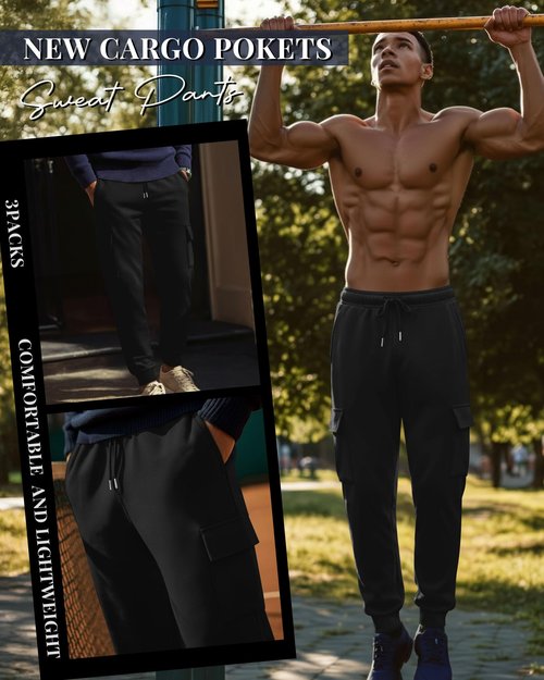 August Alley 3 Pack Men's Cargo Sweatpants Relaxed Fit Drawstring Elastic Waist Joggers Active Tapered Pants with Pockets(Black,Large)
