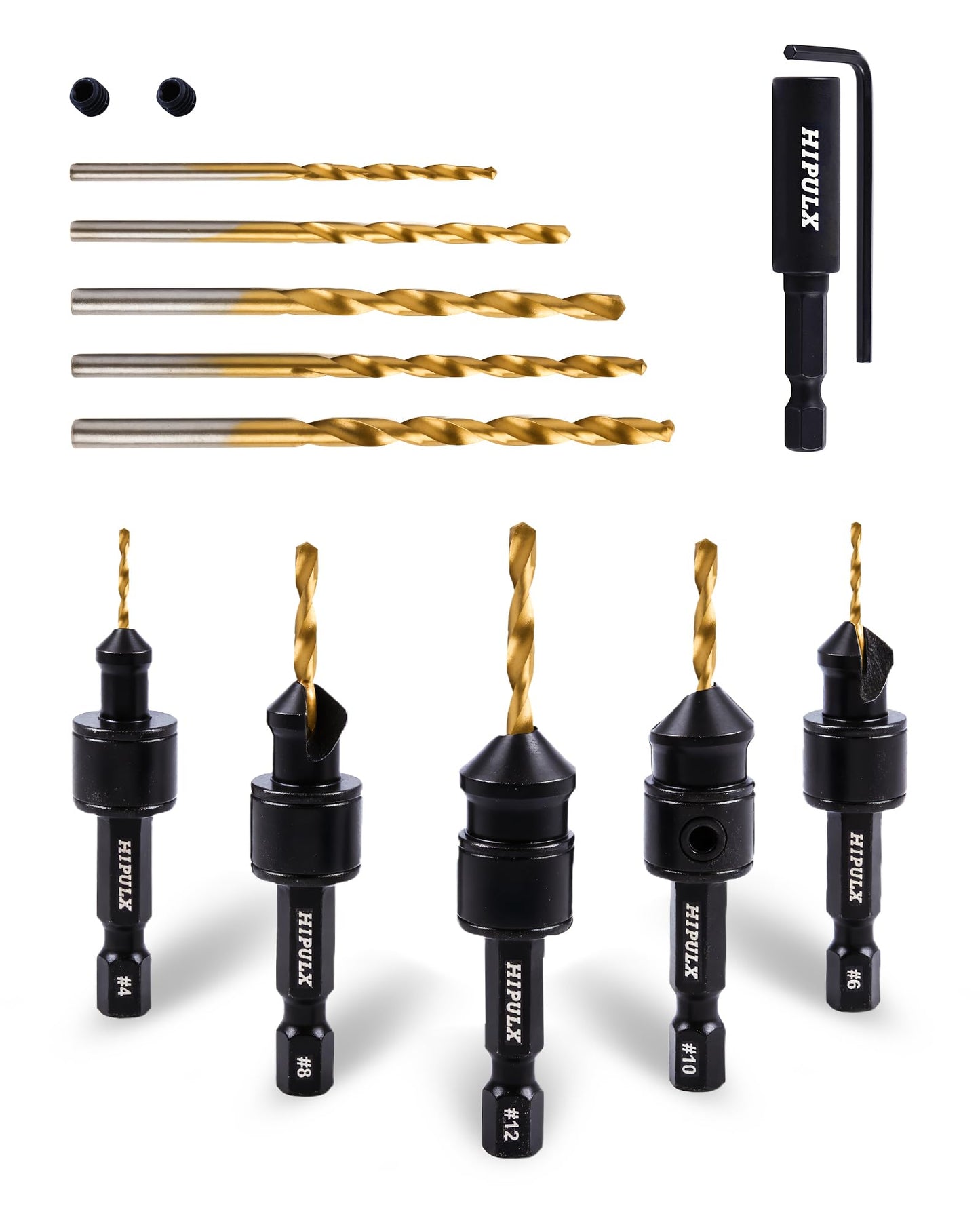 HIPULX Countersink Drill Bit Set for Wood - 14 PCS Counter Sink Drill Bits Adjustable #4, #6, #8, #10, #12, 1/4" Hex Shank, with Magnetic Extension bit Holder & Storage Box