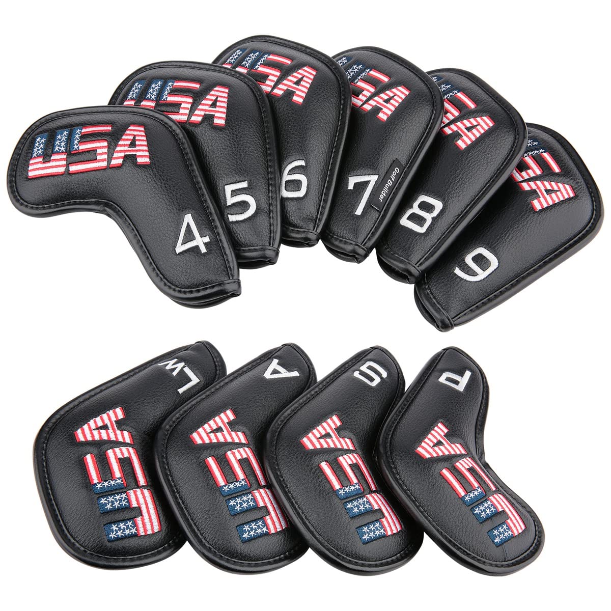 Golf Builder 10pcs/Set Black Leather USA Golf Club Iron Head Covers 4-9,P,S,A,Lw Fit All Brands