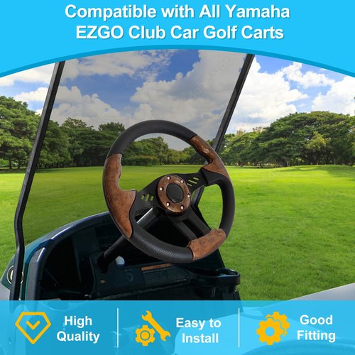 Golf Cart Steering Wheel for EZGO TXT/RXV, Club Car DS/Precedent/Tempo, Yamaha G29/Drive/Drive 2, and more Golf Cart Models, Racing Steering Wheel, Woodengrain (Adapter Not Included)