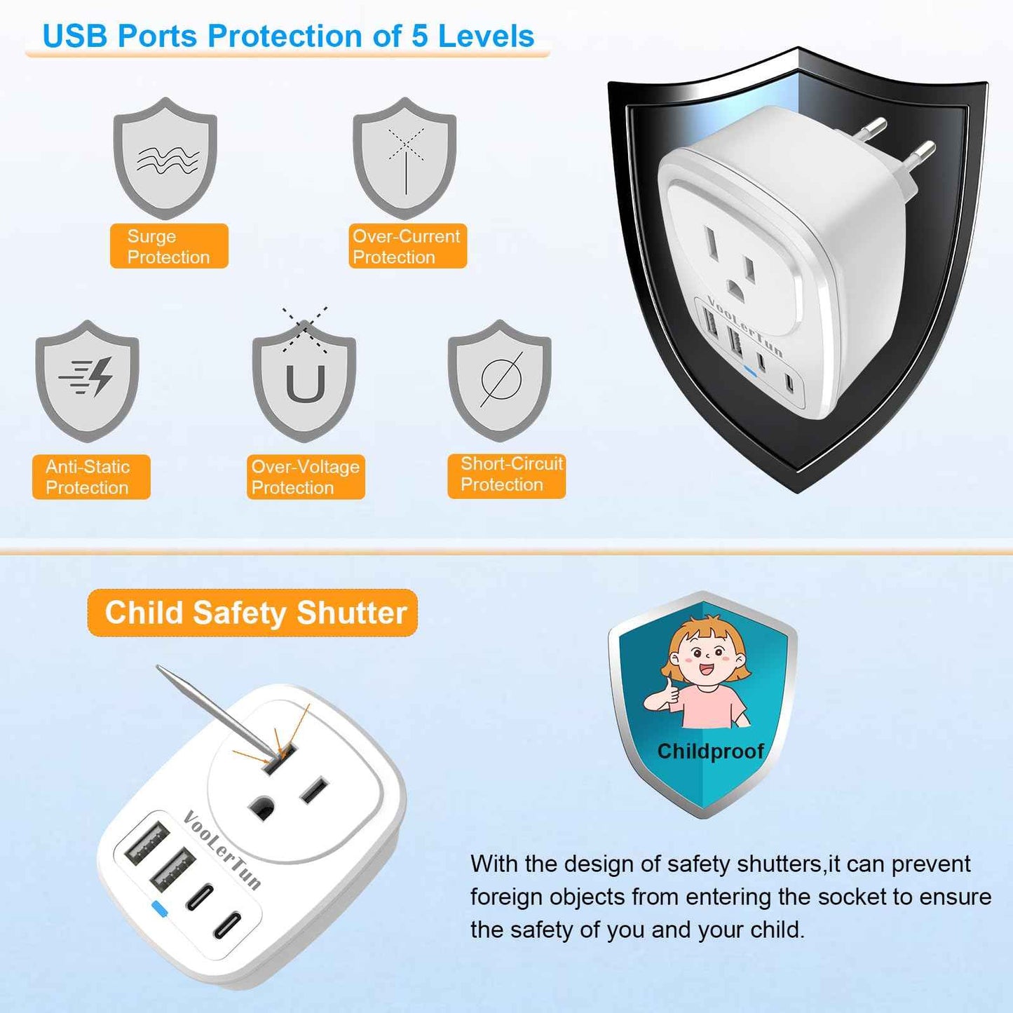 2 Packs Type C Plug Adapter, VooLerTun Denmark Germany Frence Travel Adapter with 4 USB Charger Ports (2 USB C) Power Adapter, 1 American Outlet Adapter. US Converter for EU European Travel