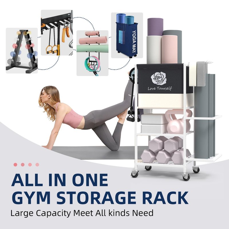 Yoga Mat Storage Rack，Home Gym Storage Rack Gym Workout Equipment Storage Organizer on Wheels for Yoga Mat,Yoga Block,Foam Roller,Resistance Band,Dumbbell,Kettlebell (White)