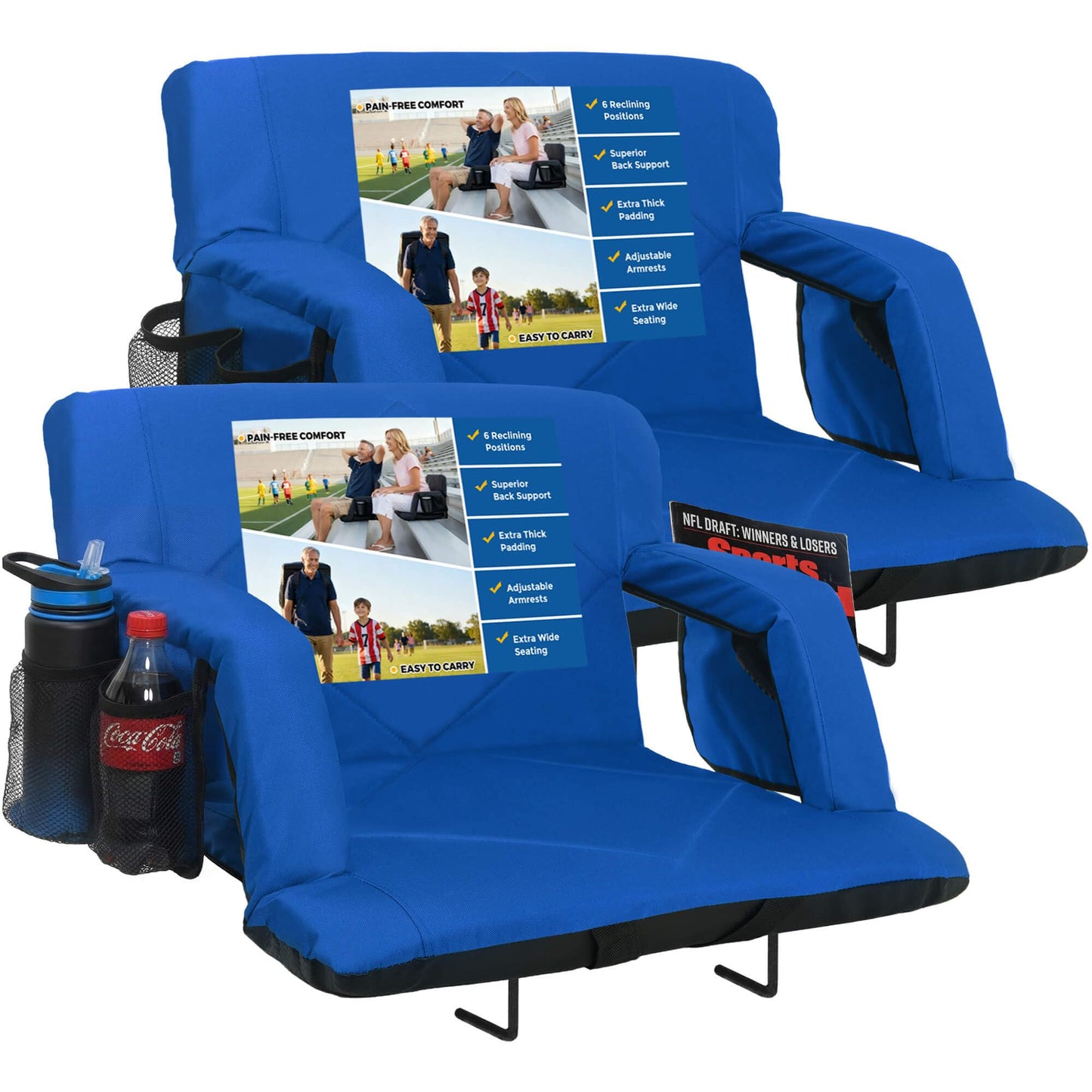 Sheenive Stadium Seat with Back Support (2 Pack) - 2.8'' Thick Comfy Cushion, Wide Padded Reclining Bleacher Seat with Armrests - Includes Backpack Strap, Carry Handle, 2 Cup Holders & 2 Large Pockets