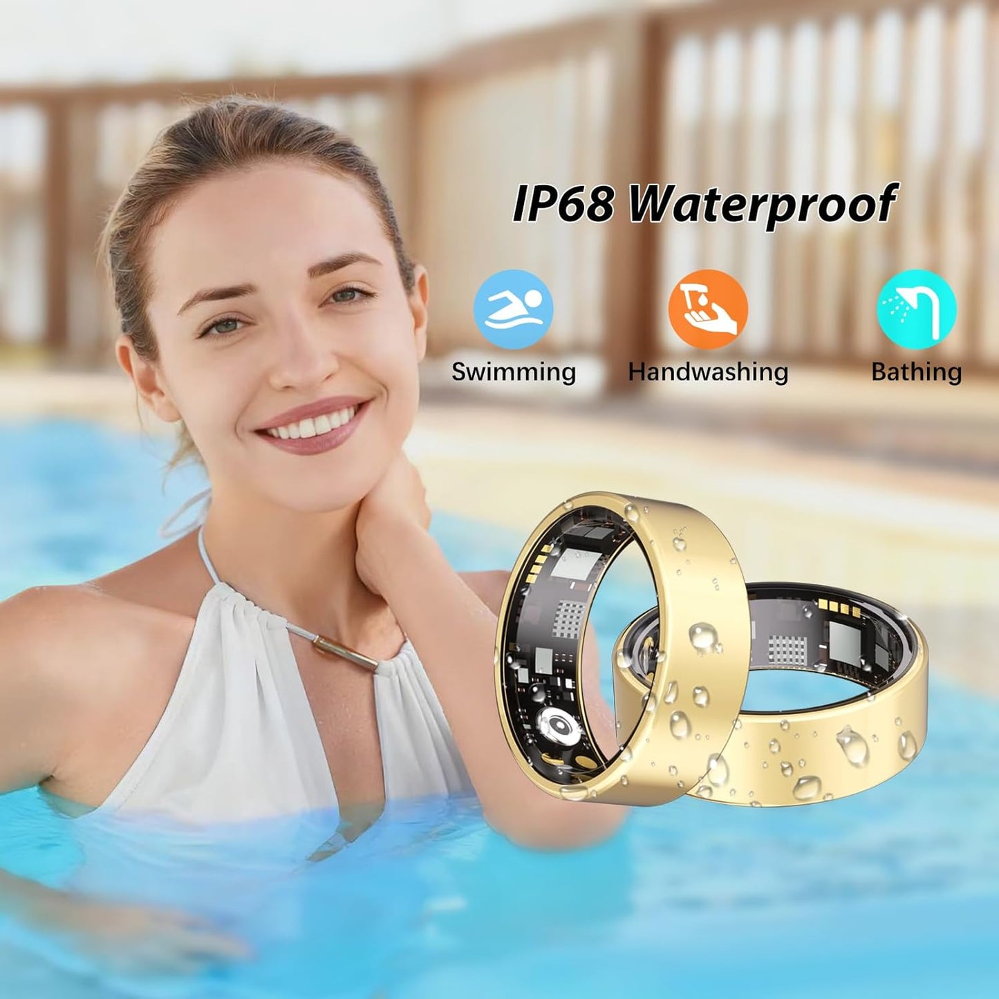 Skiennix Smart Health Ring - Fitness Tracker with Heart Rate, Blood Oxygen & Sleep Monitoring | IP68 Waterproof (Gold, Size 8)