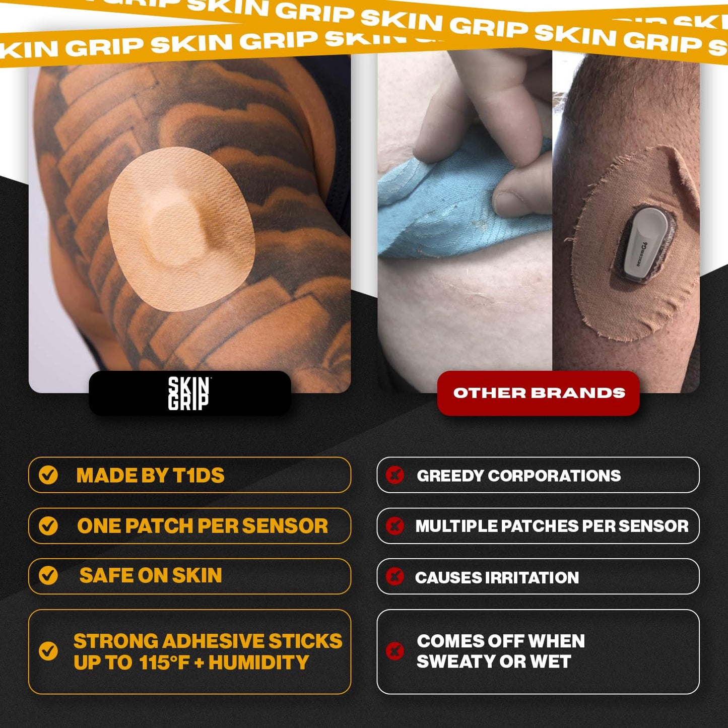 Skin Grip MAX Freestyle Libre 2 Sensor Covers Waterproof, Non-Fraying, Extreme CGM Tape, Continuous Glucose Monitor Patch, Libre Sensor Protection Covers, 10-Pack, Tan