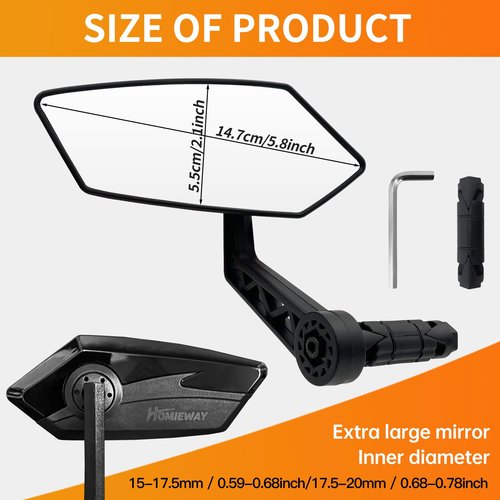 Homieway Bike Mirror, HD Glass Bicycle Mirrors for Handlebar Mount, Adjustable Bar End Bike Rear View Mirror, Scratch Resistant Handlebar Mirrors for E-bike, Mountain Bike & Scooter (Left 0.59-0.78")