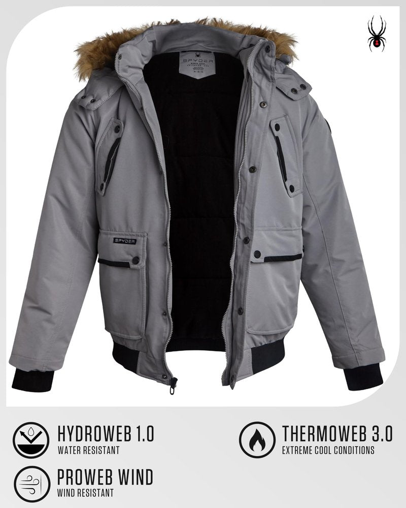 Spyder Mens Puffer Jacket - Heavyweight Wind and Water Resistant Parka Coat Insulated Winter Jacket for Men w/Faux Fur Hood, Size Large, Pewter