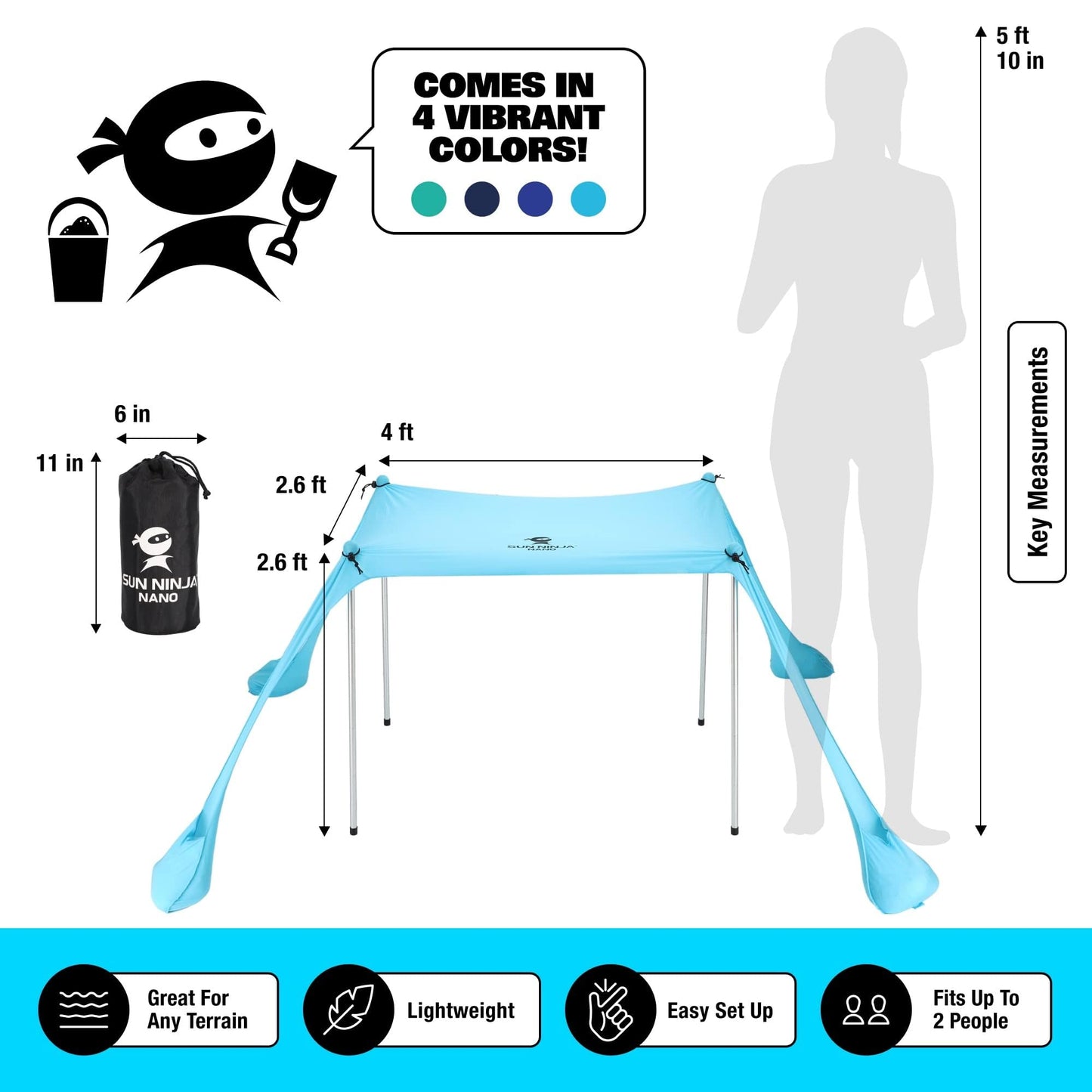 SUN NINJA Mini Beach Tent, UPF50+ Beach Shade Sun Shelter with Carry Bag, Partial Shade for 2 Adults, Family, Pets, Coolers & Valuable Items