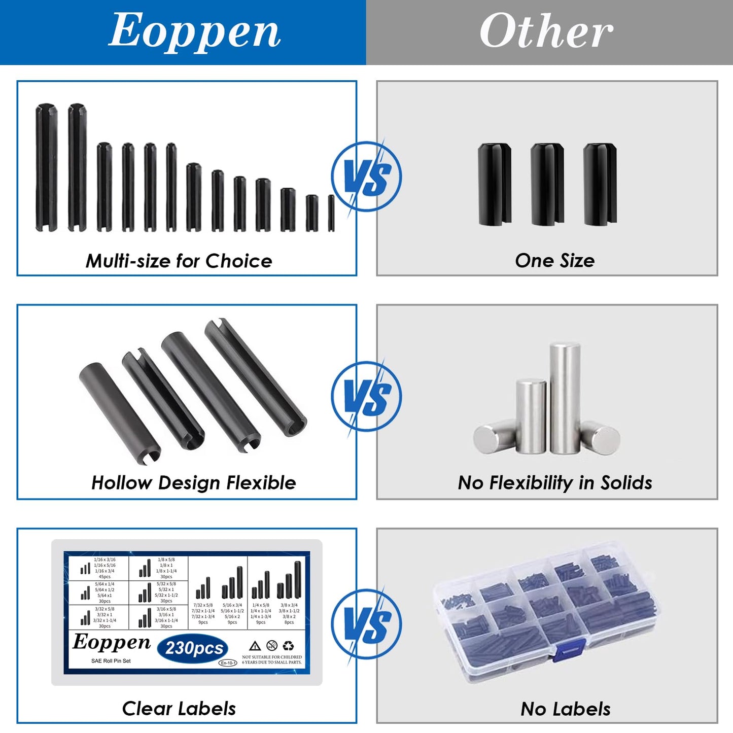 Eoppen 230Pcs SAE Roll Pin Assortment Set - Slotted Spring Pins Steel Split Expansion Pin 10 Sizes 1/16 5/64 3/32 1/8 5/32 3/16 7/32 1/4 5/16 3/8 Inch for Home Improvement Automotive Repair