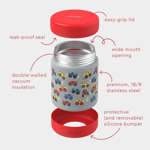 Bentgo Kids Stainless Steel Food Jar - 11oz Leak-Proof Insulated Container for Hot or Cold Meals - Trucks Design