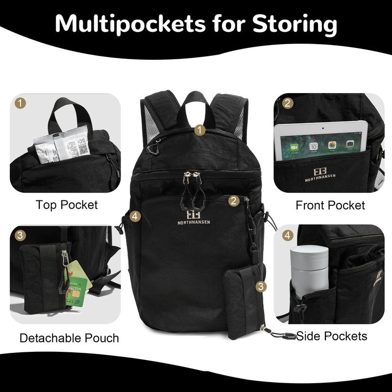 Outplea 13L Small Travel Backpack with Pouch for Men, Lightweight Padded Casual Daypack, Black